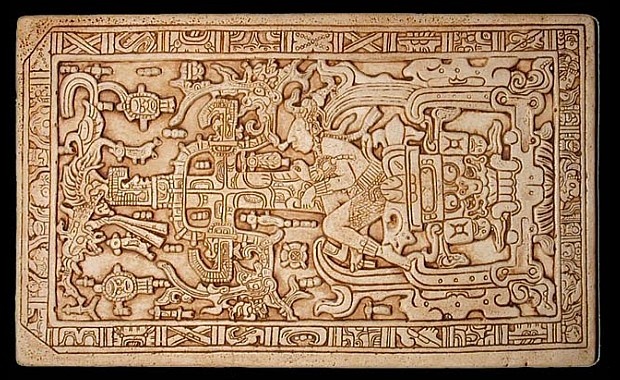Lápida de la tumba de la tumba de Pakal, los grabados en relieve representa a los mandos de lo que parece una nave voladora con pedales, mandos, indicadores y hasta fuego posterior al artefacto, con una tecnología que evoca a la propulsión a chorro. Lápida de la tumba de la tumba de Pakal, los grabados en relieve representa a los mandos de lo que parece una nave voladora con pedales, mandos, indicadores y hasta fuego posterior al artefacto, con una tecnología que evoca a la propulsión a chorro.