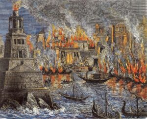 Representación del incendio de la Biblioteca de Alejandría, 1876.